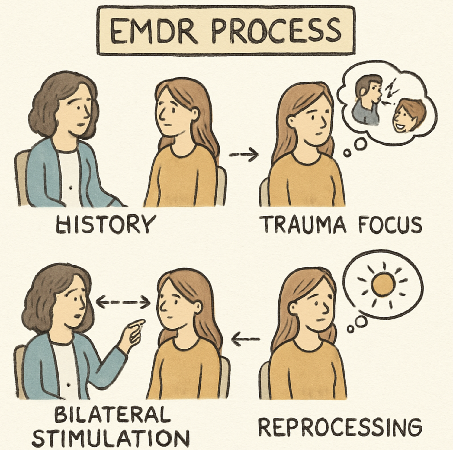 Four-panel sketch titled EMDR process showing two seated people talking, a moving finger and thought bubbles