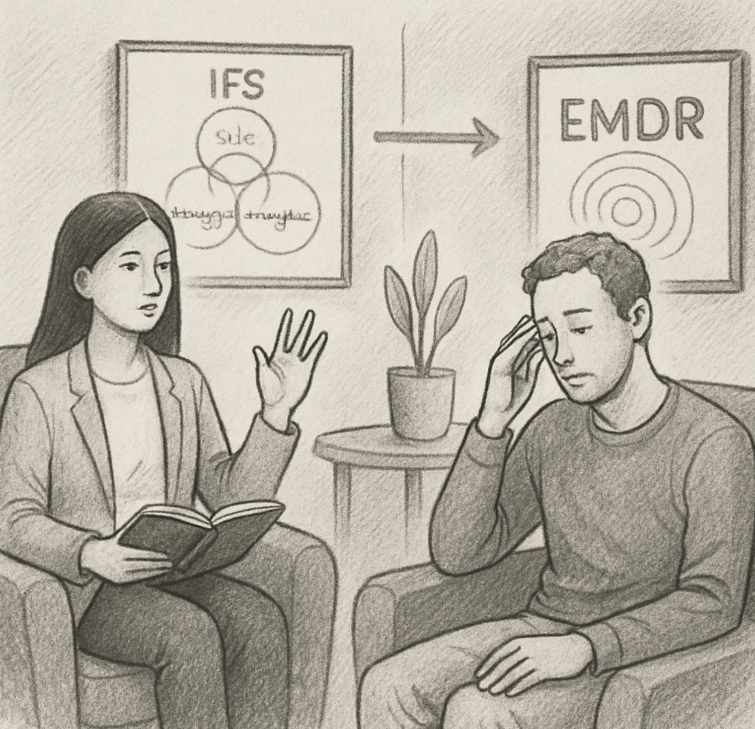 Pencil sketch of two people in armchairs, one holding a notebook, the other with a hand to their head