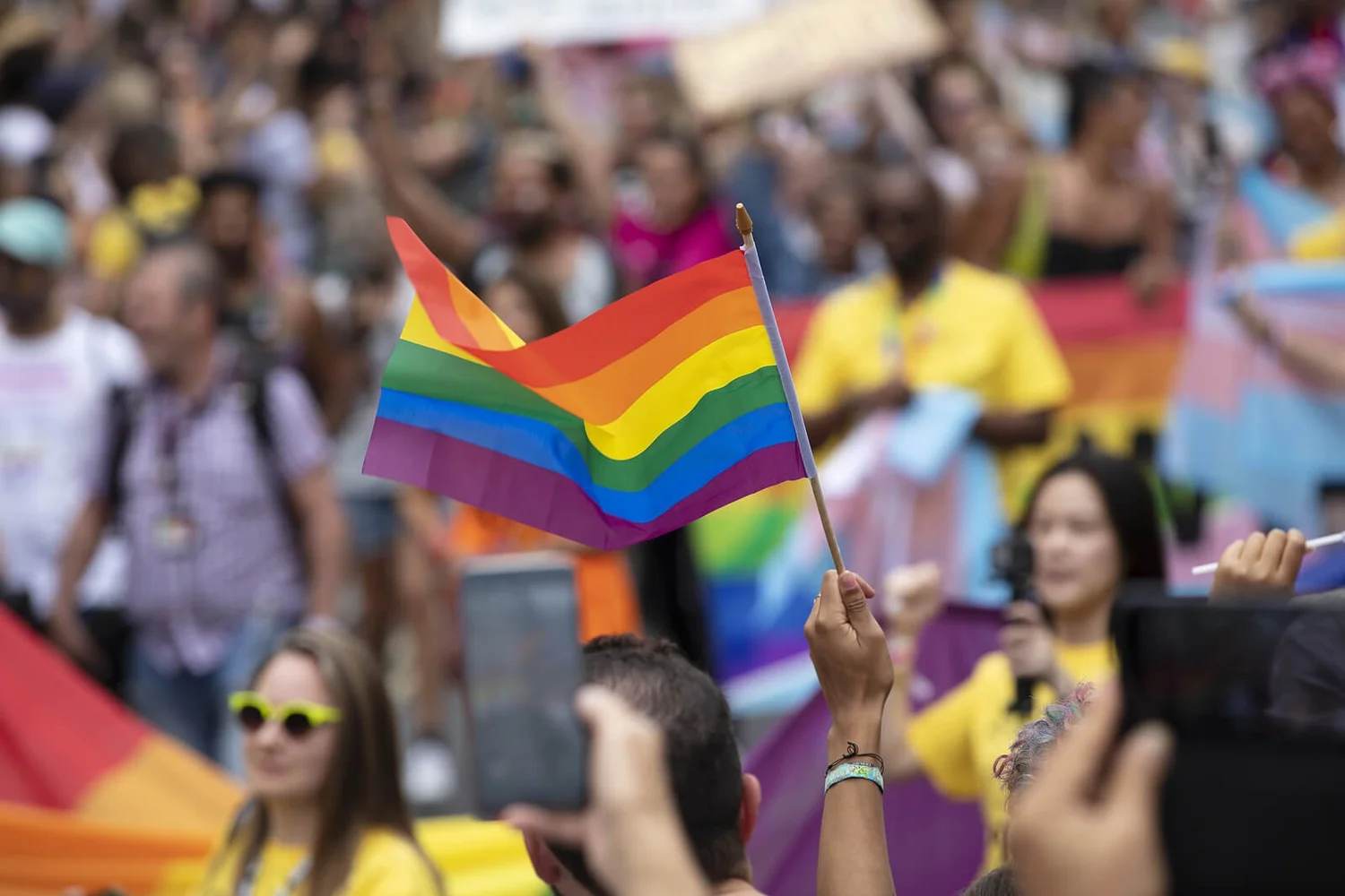 A person raises a rainbow Pride flag high in a crowd during a celebration or protest. This image represents both visibility and resistance—key themes in LGBTQ affirming therapy in Pasadena, CA.
