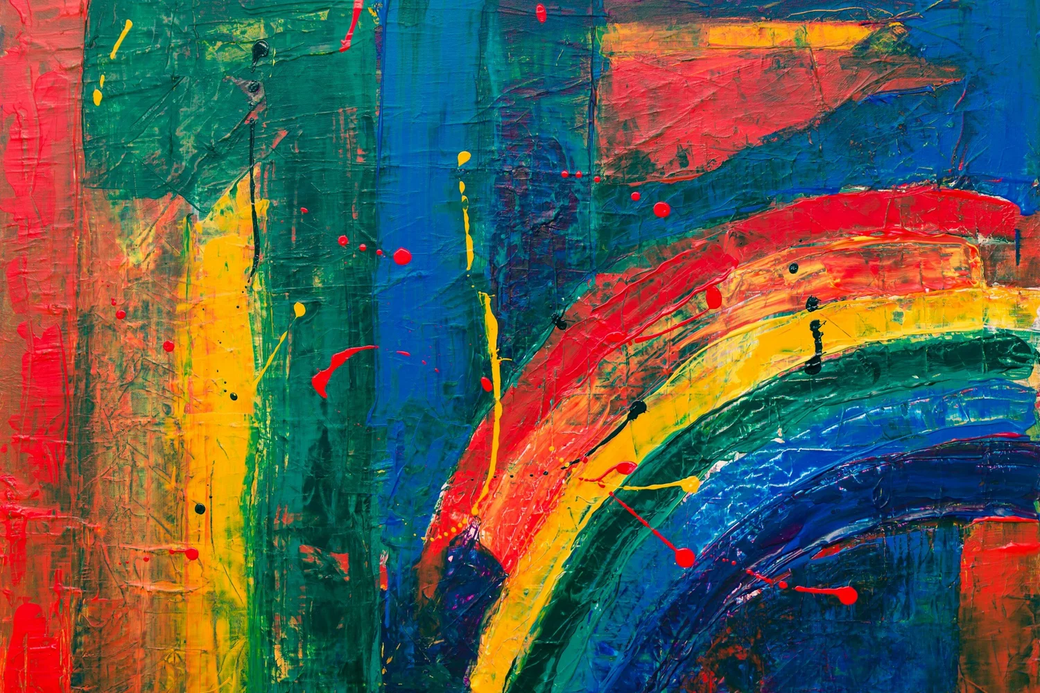 Abstract painting in thick textured paint with bright vertical streaks and a rainbow arc