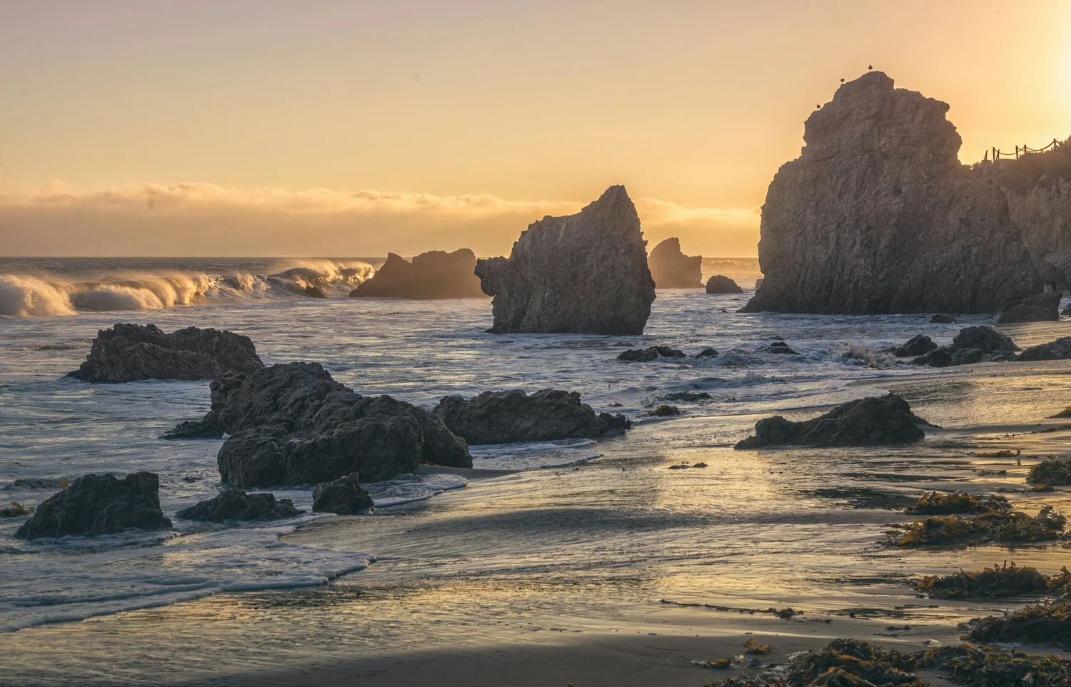 Large rocks and sea stacks along a shoreline at sunset, with waves breaking on wet sand