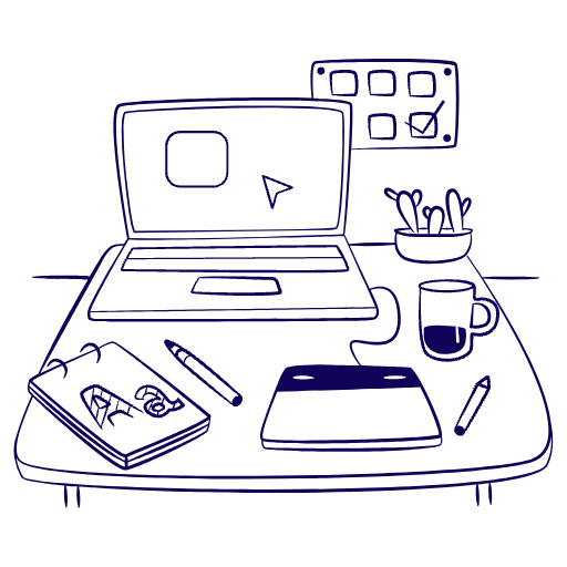 A desk with a computer, notebook and working tools