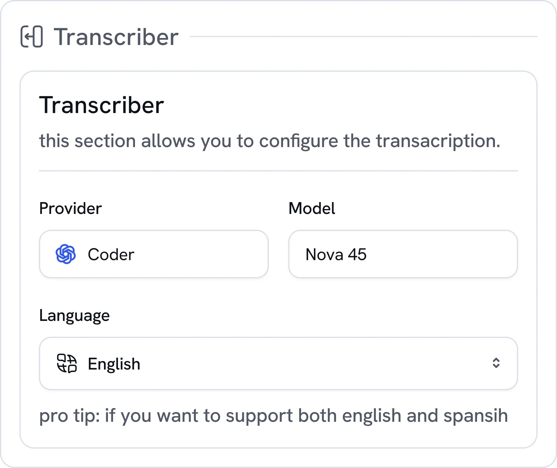 User interface screen for configuring transcription with provider, model, and language options.