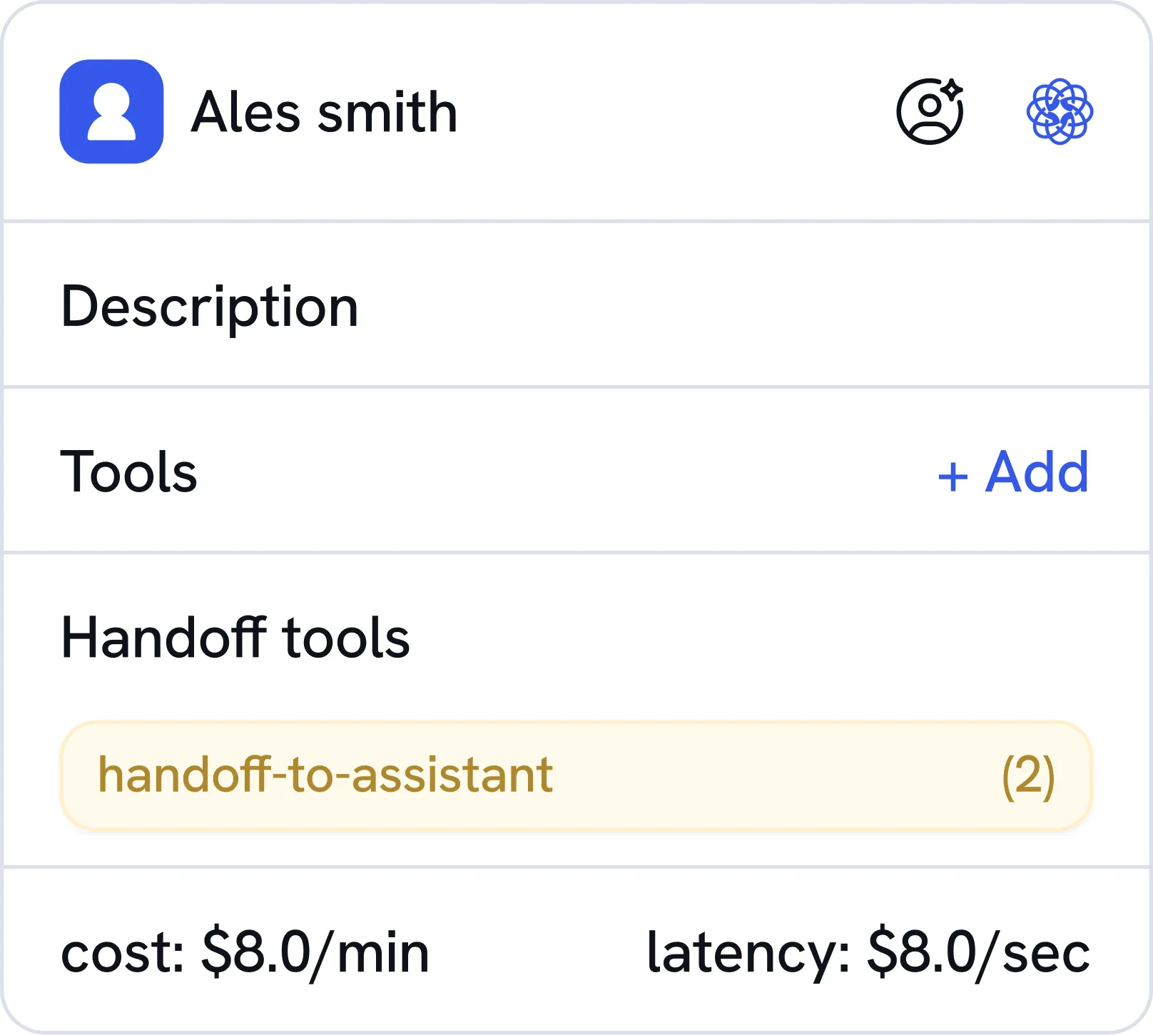 User Ales Smith profile with handoff tool cost $8.0 per min and latency $8.0 per sec displayed.