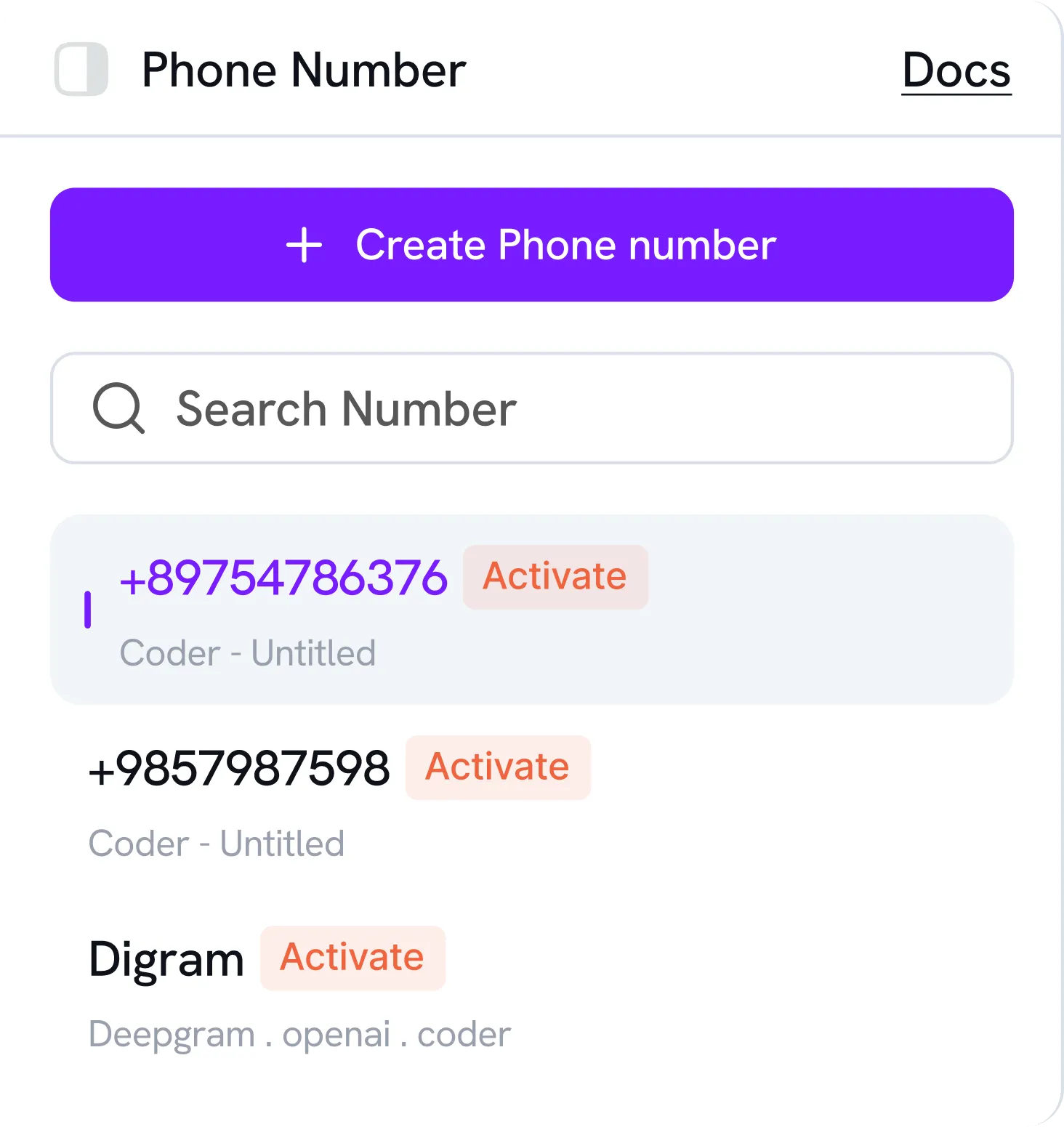 Phone number management interface with options to create, search, and activate numbers.