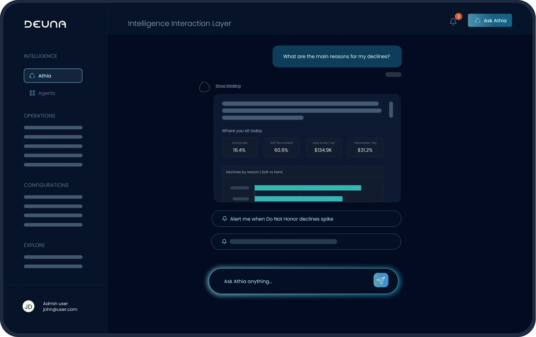 Instant Answers: Athia responde en el chat cuáles son las causas de los declines, con las métricas del día