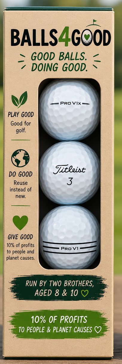 A Balls4Good three ball sleeve in kraft card showing three golf balls through the window