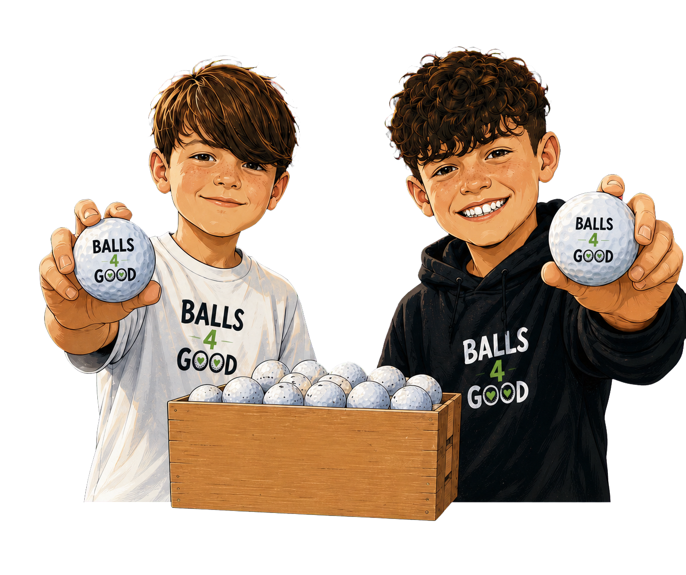 Illustration of two brothers on a golf course holding Balls4Good golf balls beside a crate of cleaned balls