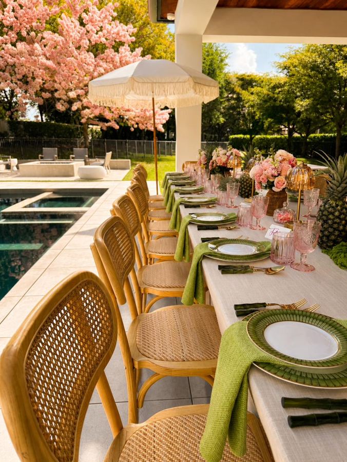 Outdoor garden lunch setup by POSH Rentals