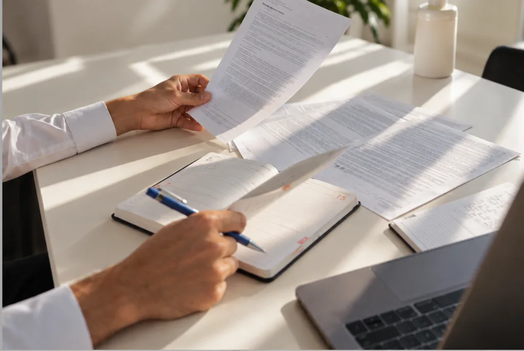 A person reviewing claim documents at a desk