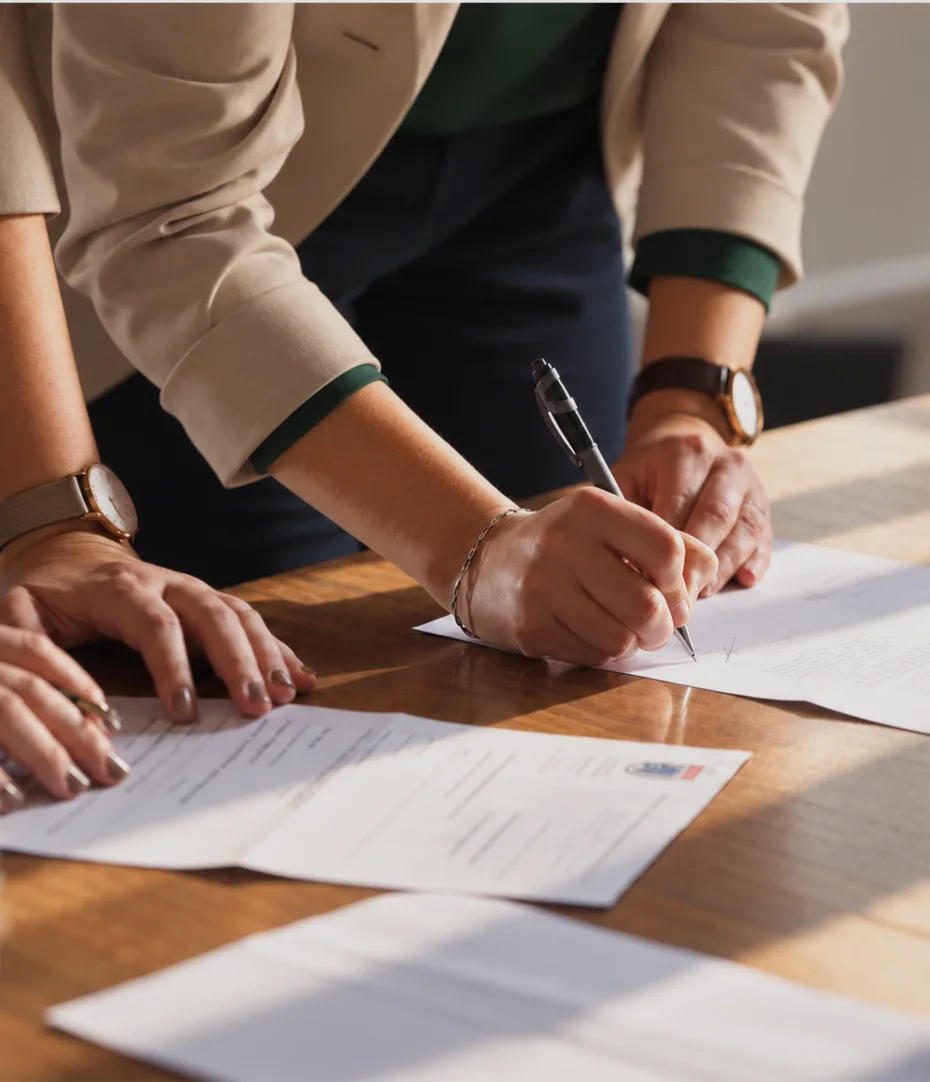 Two people signing documents at a table