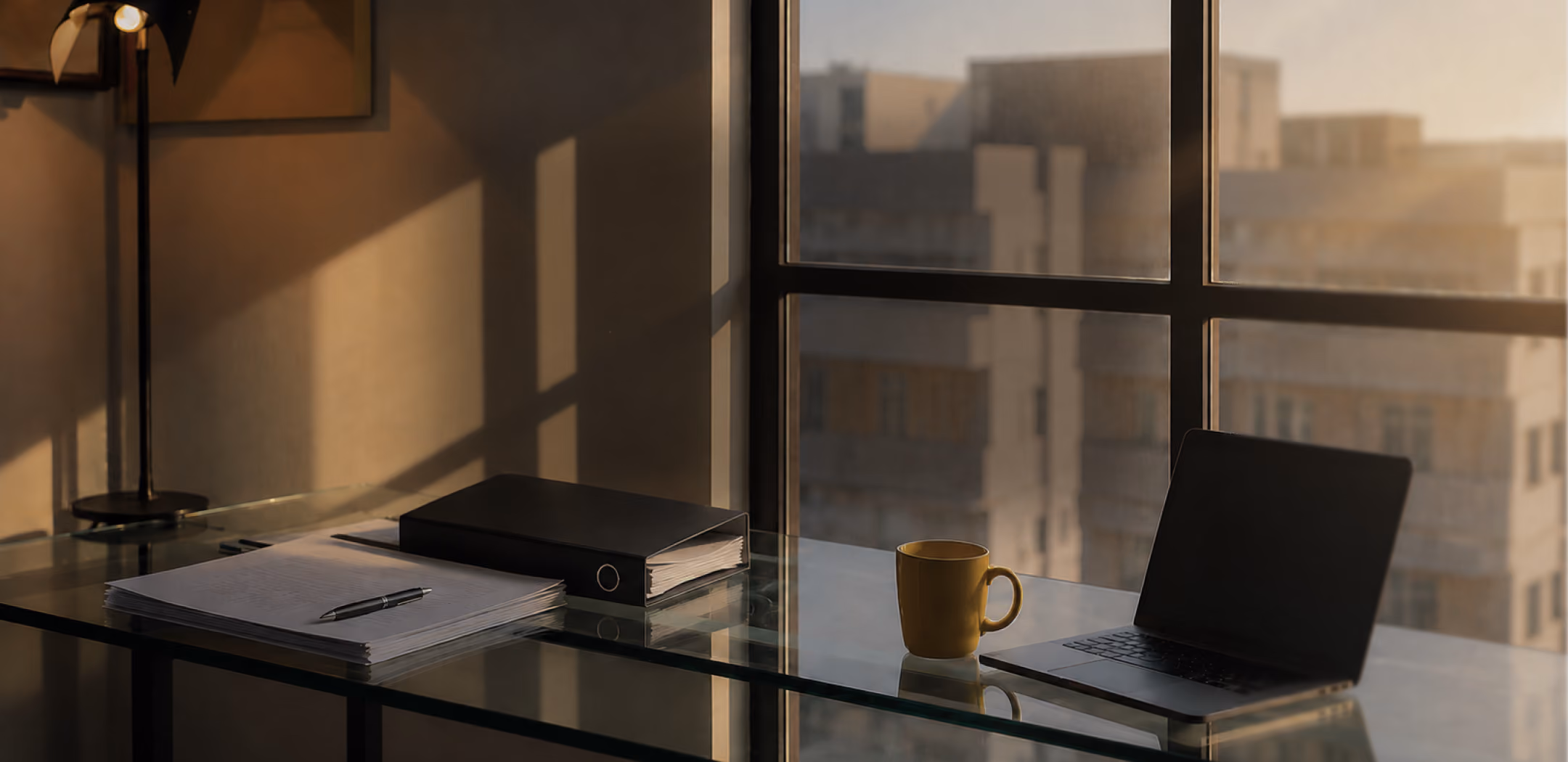Sunlit office desk with a laptop overlooking the city