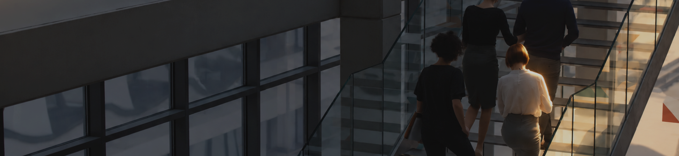 Team walking up a sunlit office staircase