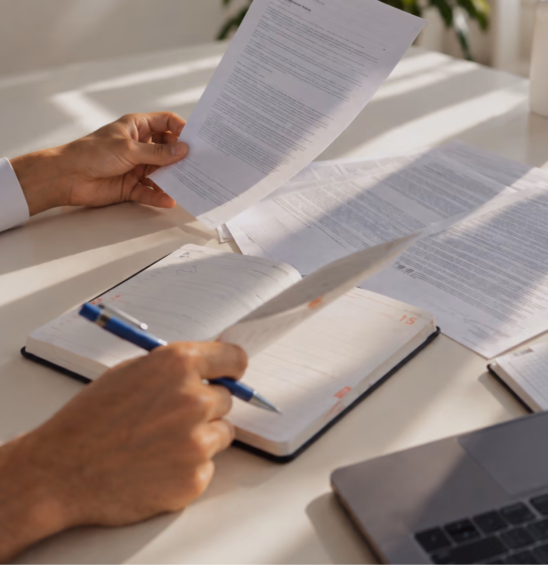A person reviewing claim documents at a desk