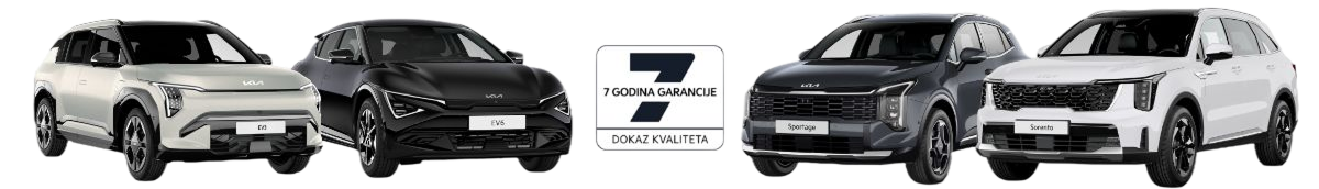 Četiri Kia modela automobila u sivoj, zelenoj, plavoj i crvenoj boji oko znaka sa 7 godina garancije.