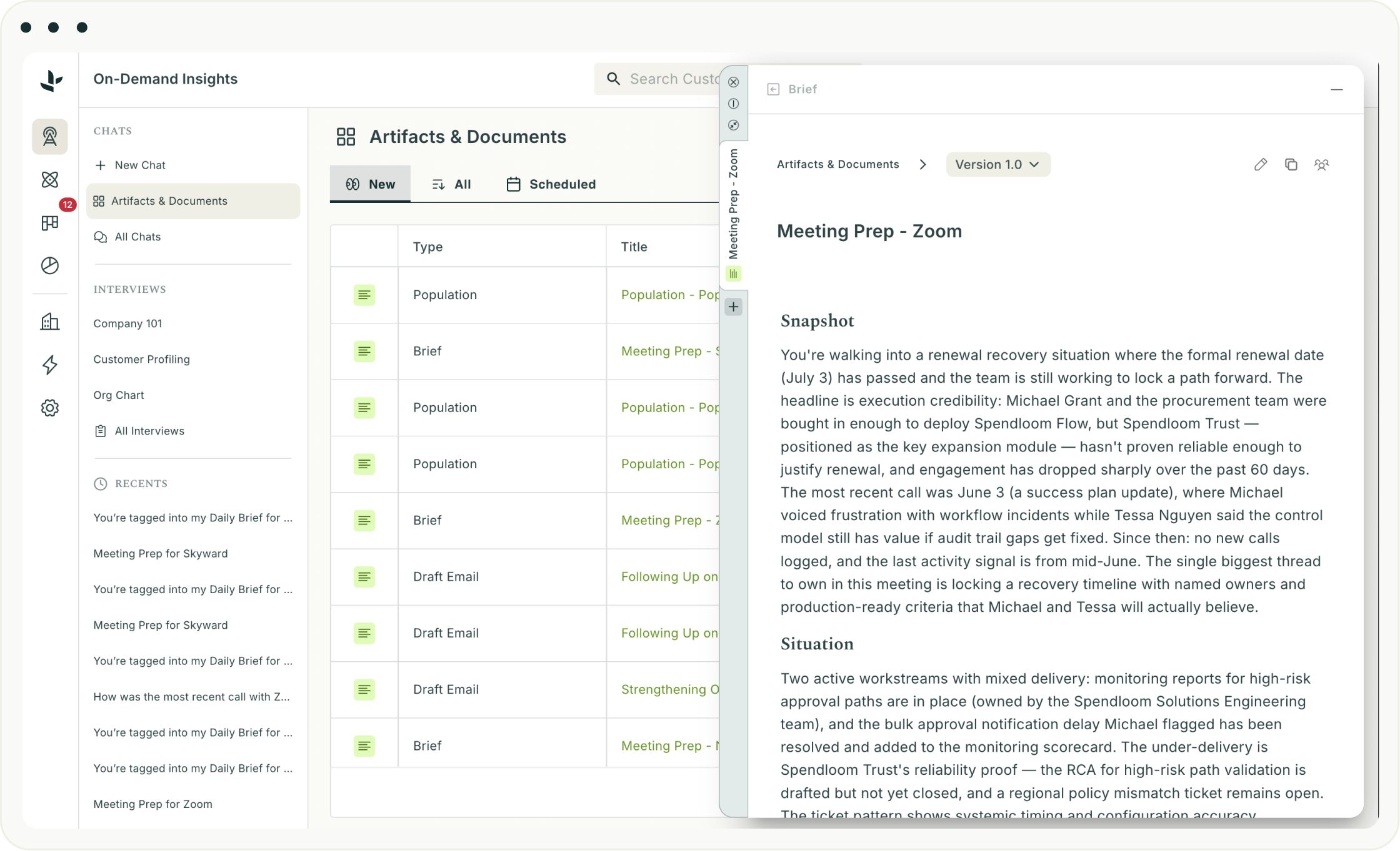 Odie On-Demand Insights artifacts list with a delivered Meeting Prep brief for Zoom open alongside it