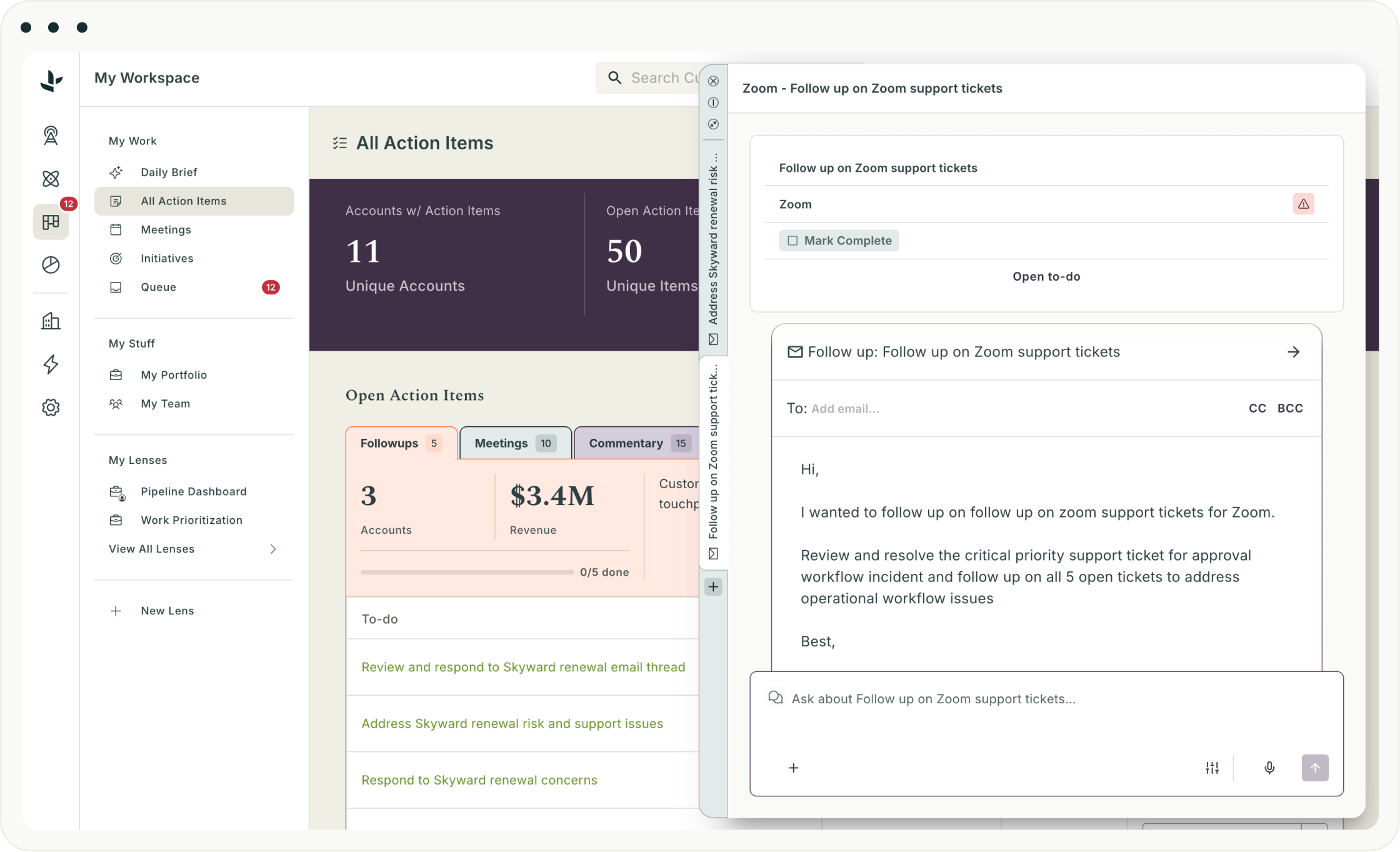 Odie workspace showing All Action Items with an embedded agent drafting a follow-up email on Zoom support tickets