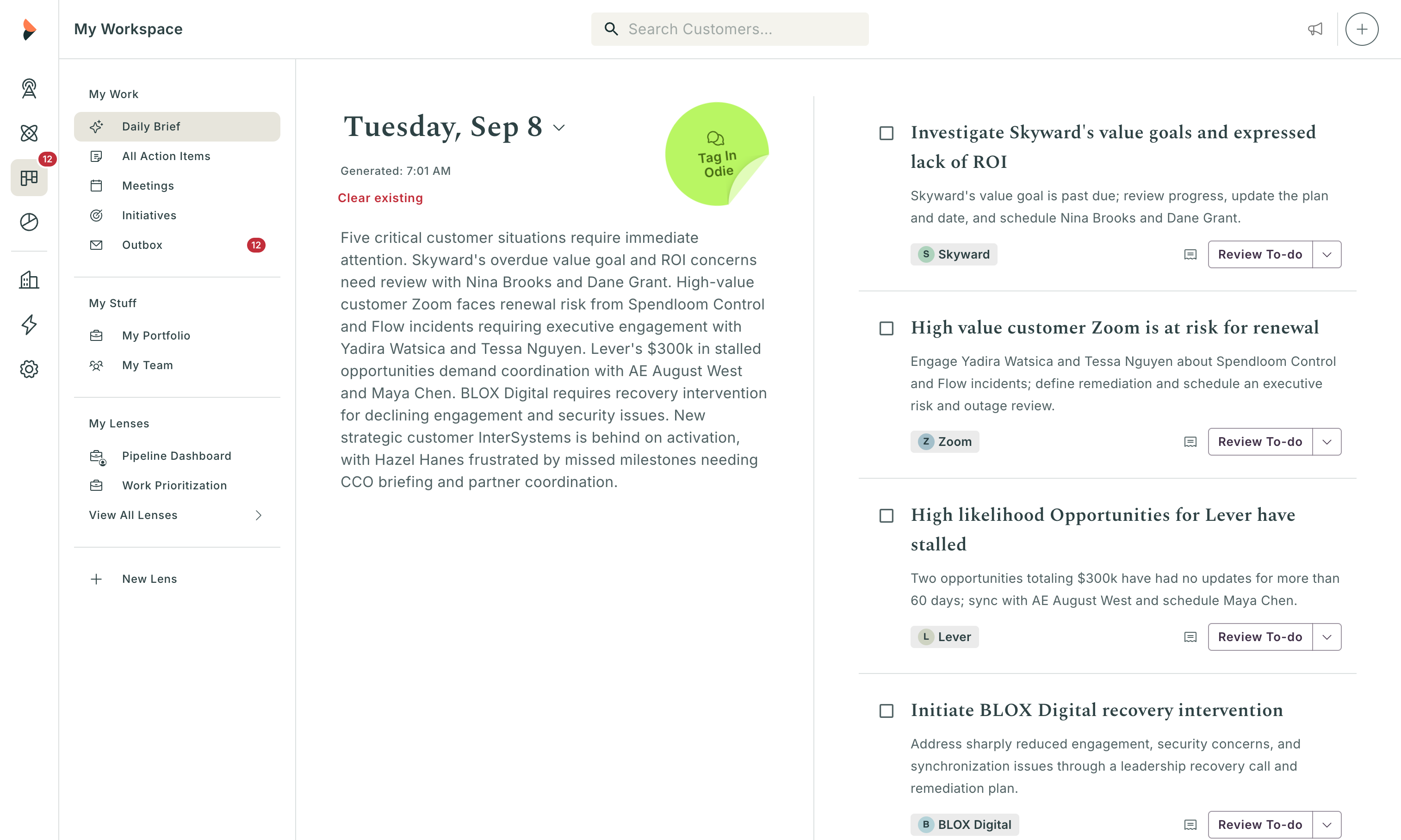 Odie Daily Brief for Tuesday, Sep 8 with prioritized to-dos