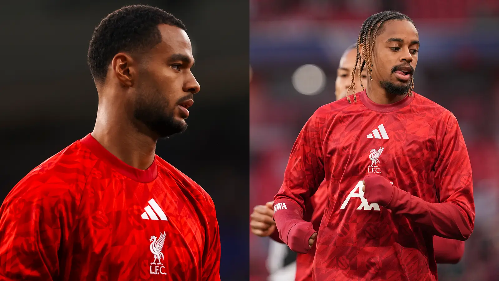 Cody Gakpo and Bradley Barcola warming up for Liverpool before a Premier League match