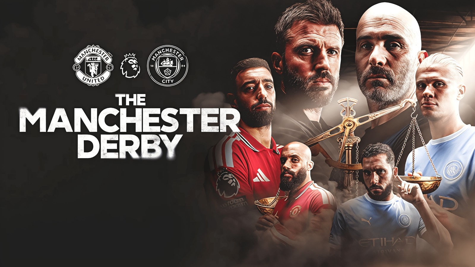 Illustration of Manchester United and Manchester City players and managers ahead of the Manchester derby at Old Trafford.
