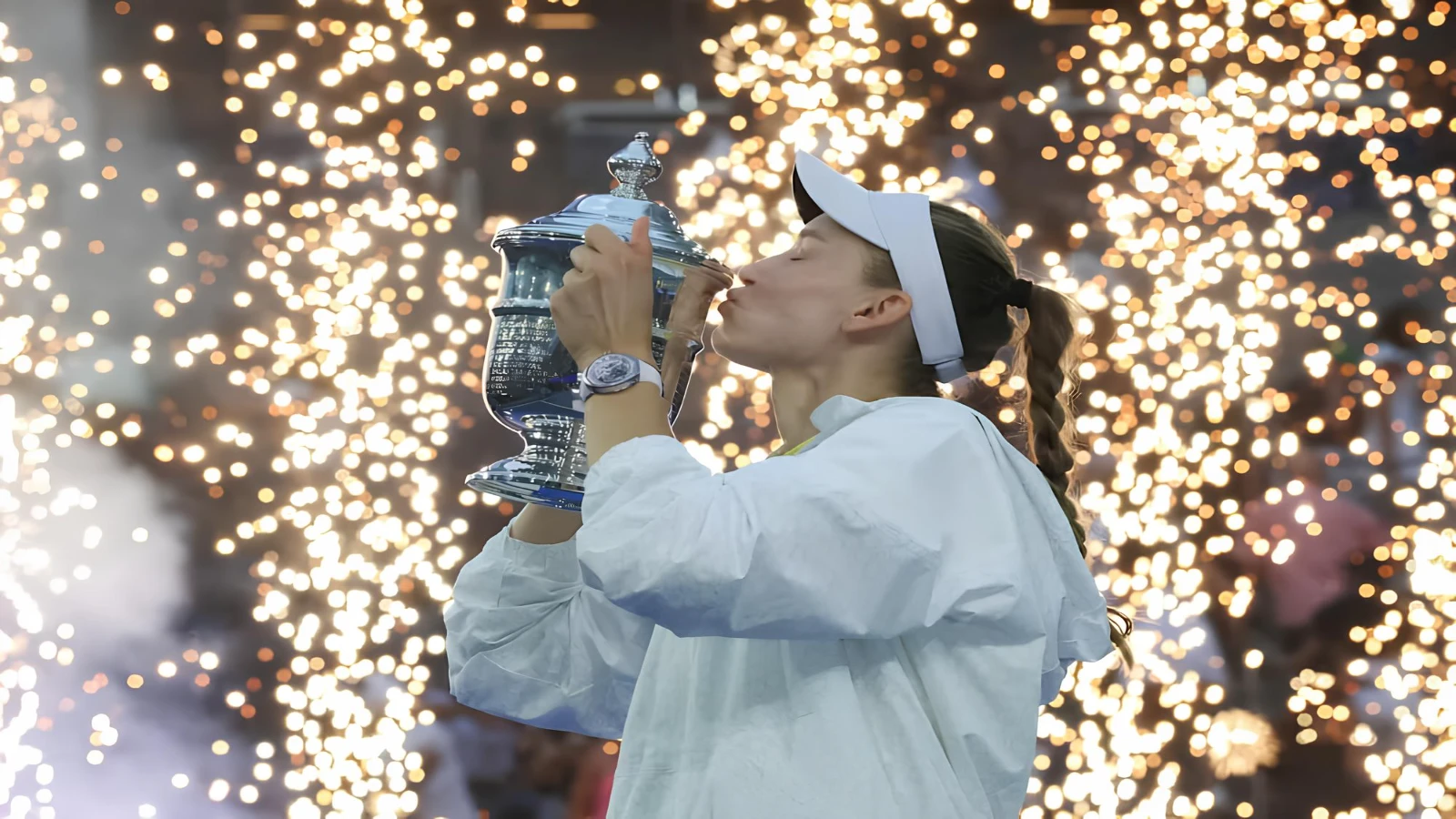 Elena Rybakina kisses the US Open trophy after winning the 2026 final