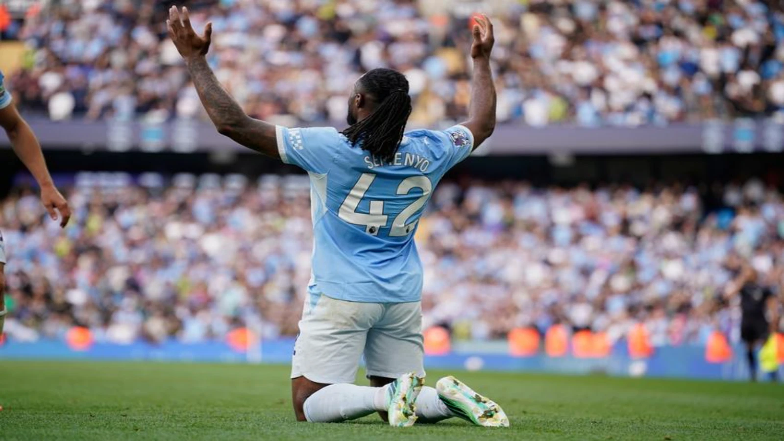 Antoine Semenyo celebrating after a goal at Etihad.