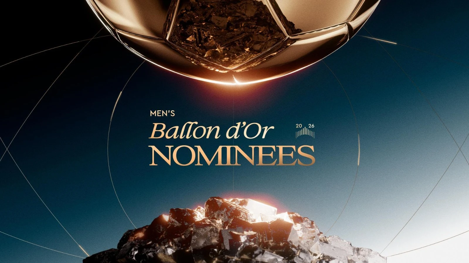 Men's Ballon d'Or 2026 nominees artwork: a golden ball hanging above a pile of glowing gold rock against a dark blue sky.