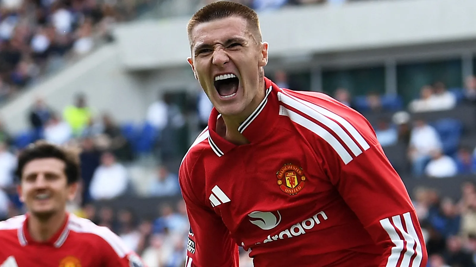 Benjamin Šeško celebrating in a Man United shirt