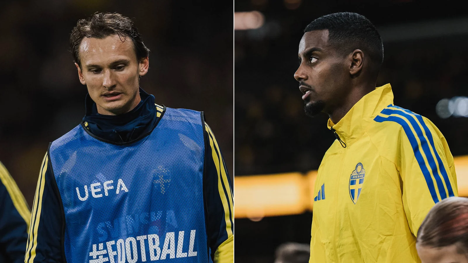 Split image of two Sweden players: a teammate in a blue UEFA training bib on the left, and Alexander Isak in Sweden's yellow team jacket on the right.
