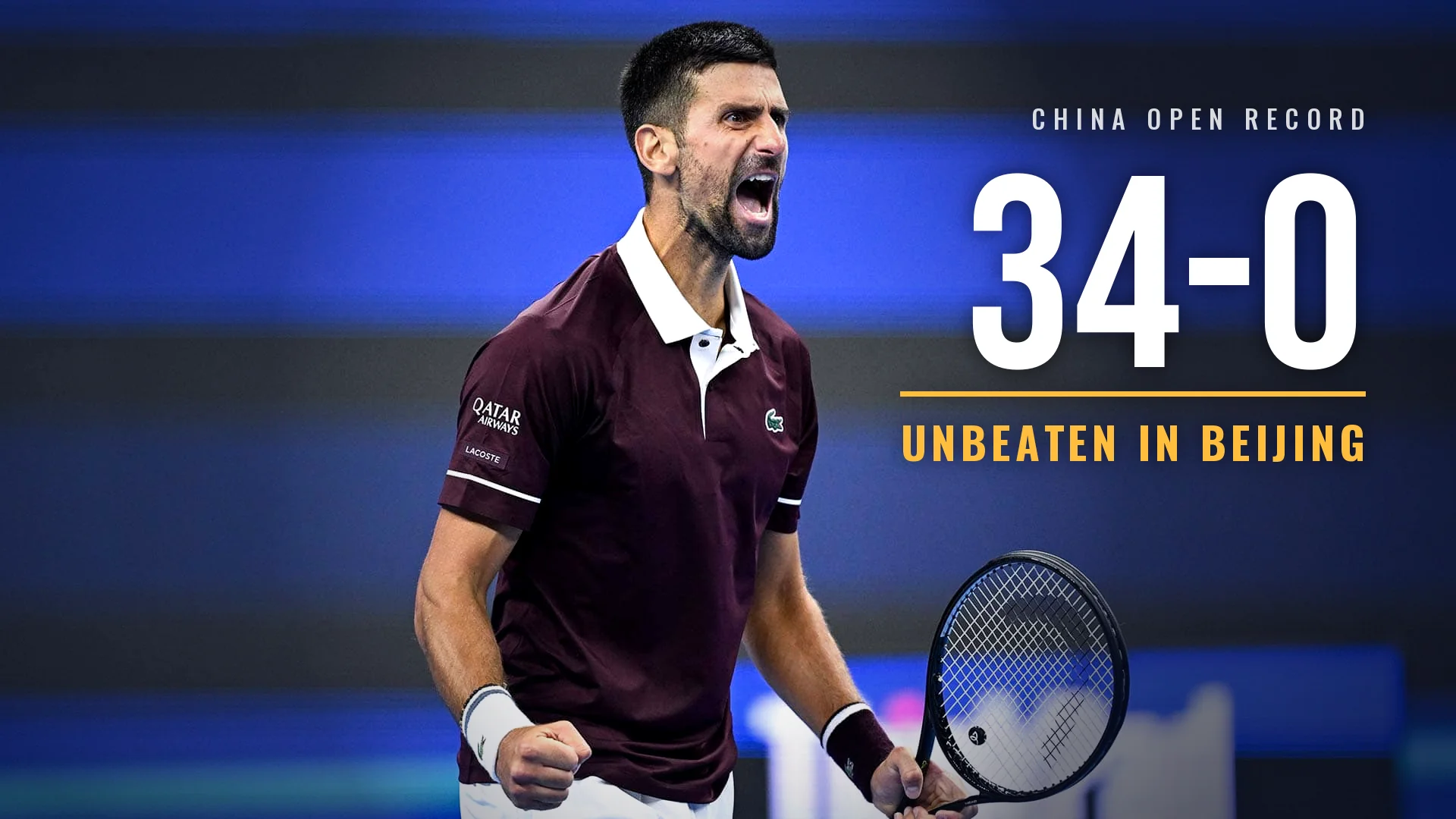 Novak Djokovic roars and clenches his fist in a maroon polo during a match in Beijing