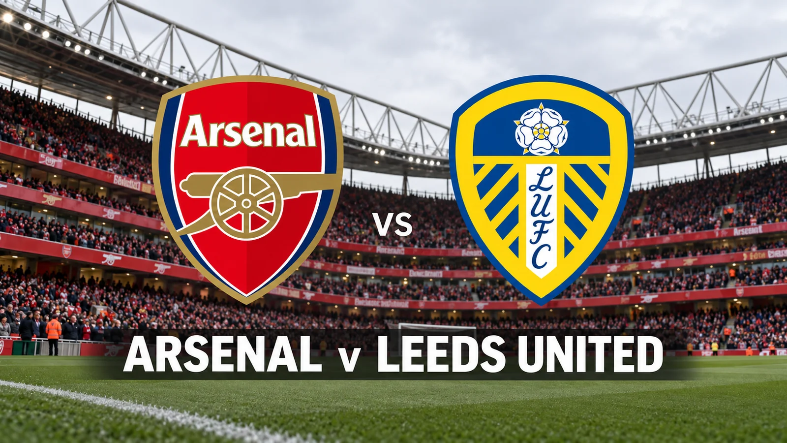 Arsenal and Leeds United crests over a stadium backdrop with “Arsenal v Leeds United” text.