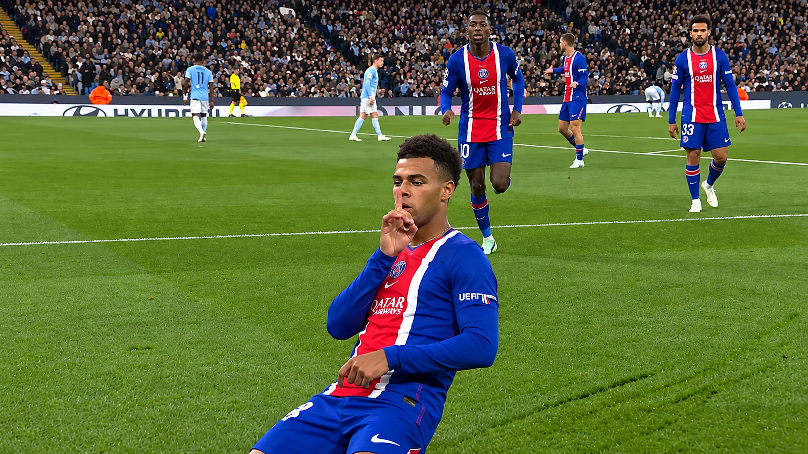 PSG player celebrates with a shushing gesture during a Champions League match against Manchester City.