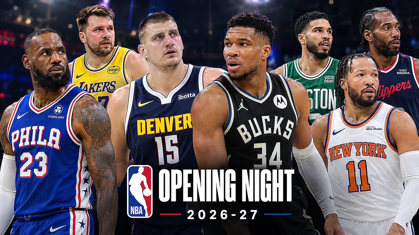 NBA stars featured in a 2026–27 Opening Night graphic with LeBron James, Luka Dončić, Nikola Jokić, Giannis Antetokounmpo and other top players.