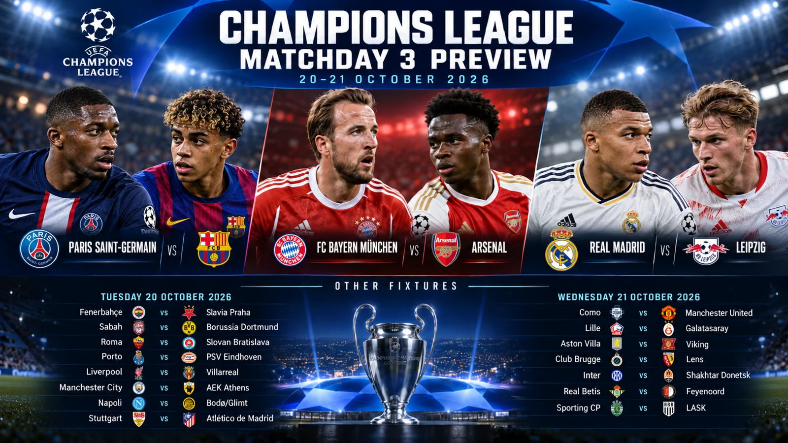 UEFA Champions League Matchday 3 preview graphic featuring PSG vs Barcelona, Bayern Munich vs Arsenal, and Real Madrid vs Leipzig, plus other fixtures for 20–21 October 2026.