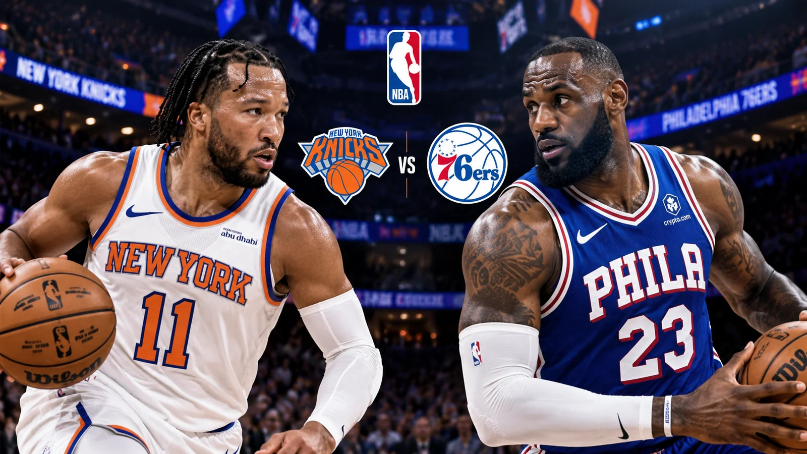 New York Knicks and Philadelphia 76ers stars face off in an NBA opening-night matchup graphic.