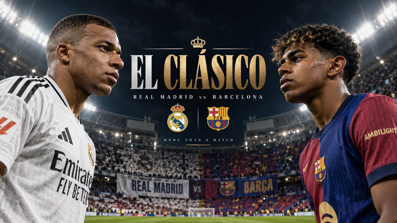 Kylian Mbappé and Lamine Yamal face off in an El Clásico graphic for Real Madrid vs Barcelona.