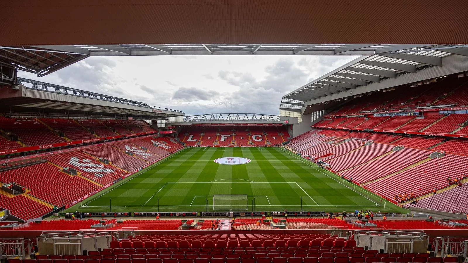 Wide interior view of Anfield stadium with the pitch and red Liverpool stands before a match.