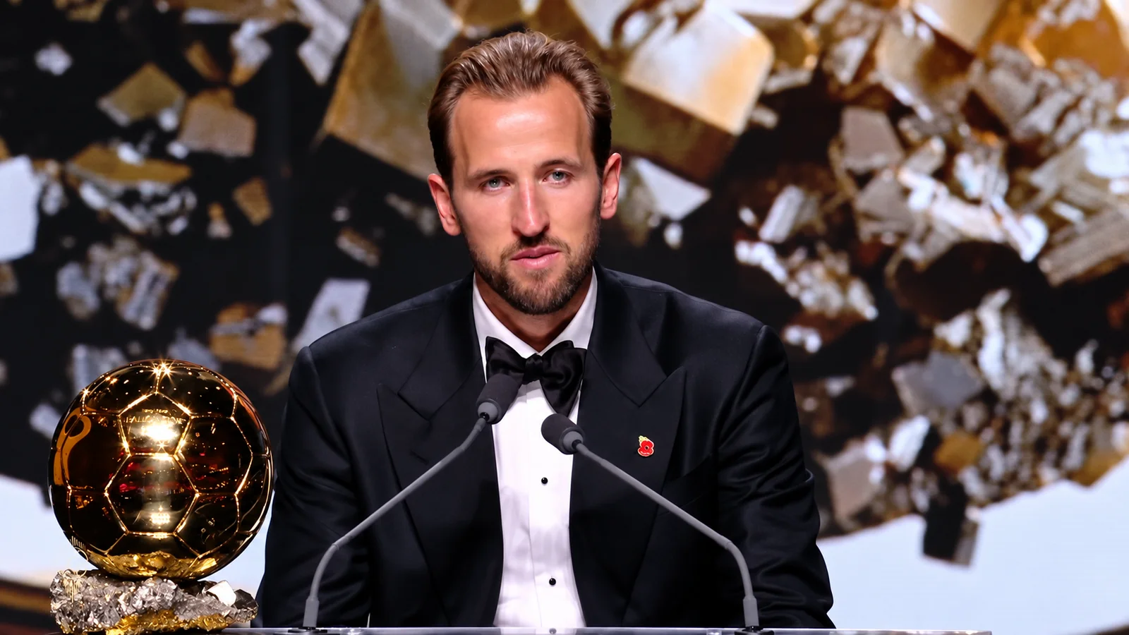 Harry Kane speaks at an awards ceremony with a golden football trophy displayed beside him.