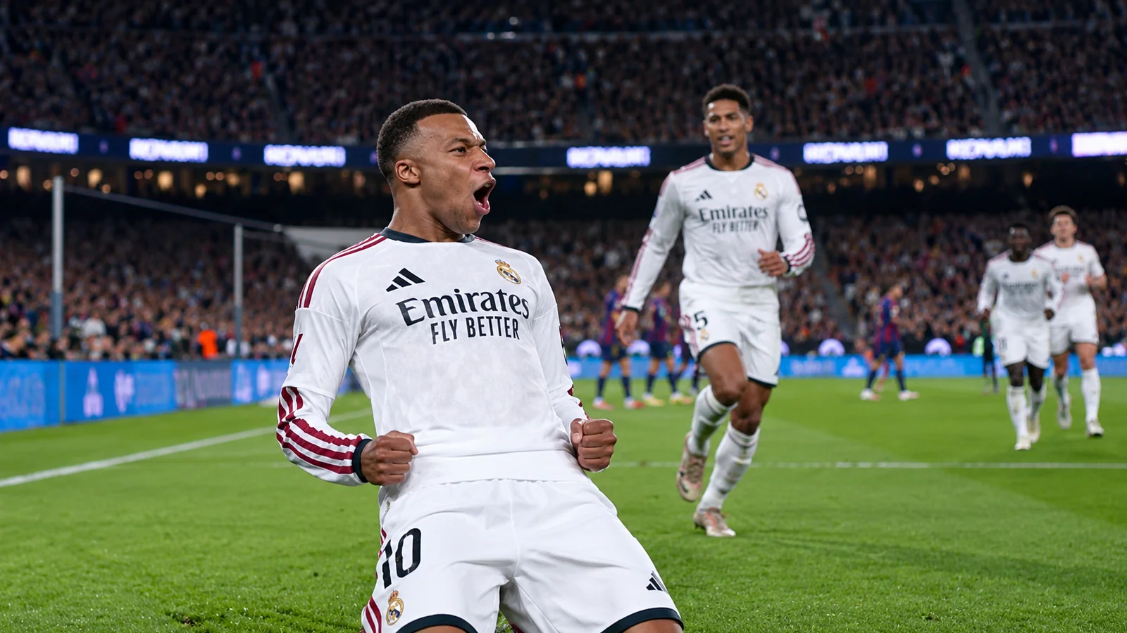 Kylian Mbappé celebrates an El Clásico goal for Real Madrid as Jude Bellingham runs toward him.