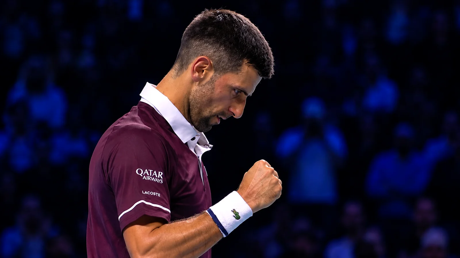 Novak Djokovic clenches his fist during a match at the Swiss Indoors Basel.