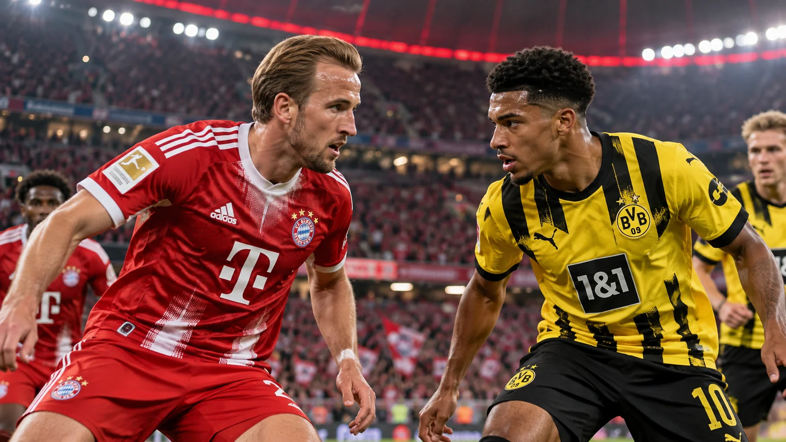 Bayern Munich and Borussia Dortmund players face off in a Der Klassiker preview image.