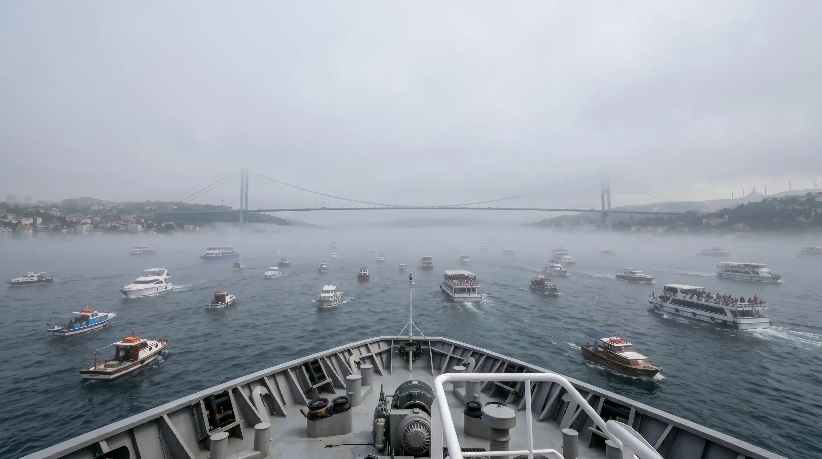 Low-visibility maritime traffic viewed from a ship's bow