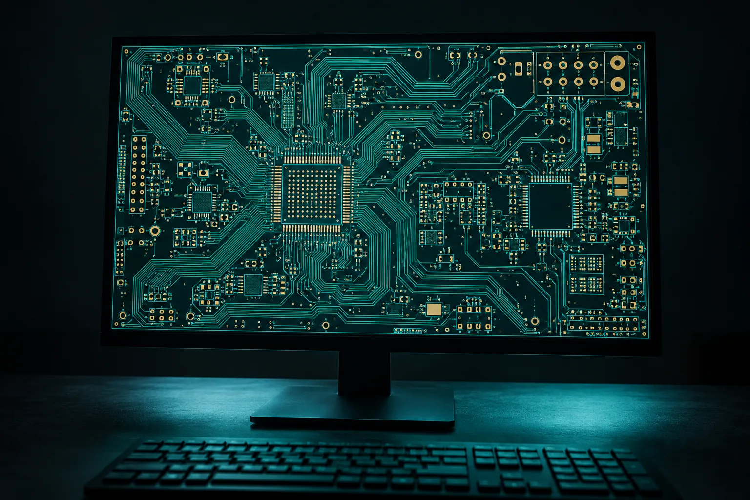 A monitor on a dark desk showing a printed circuit board layout open in design software