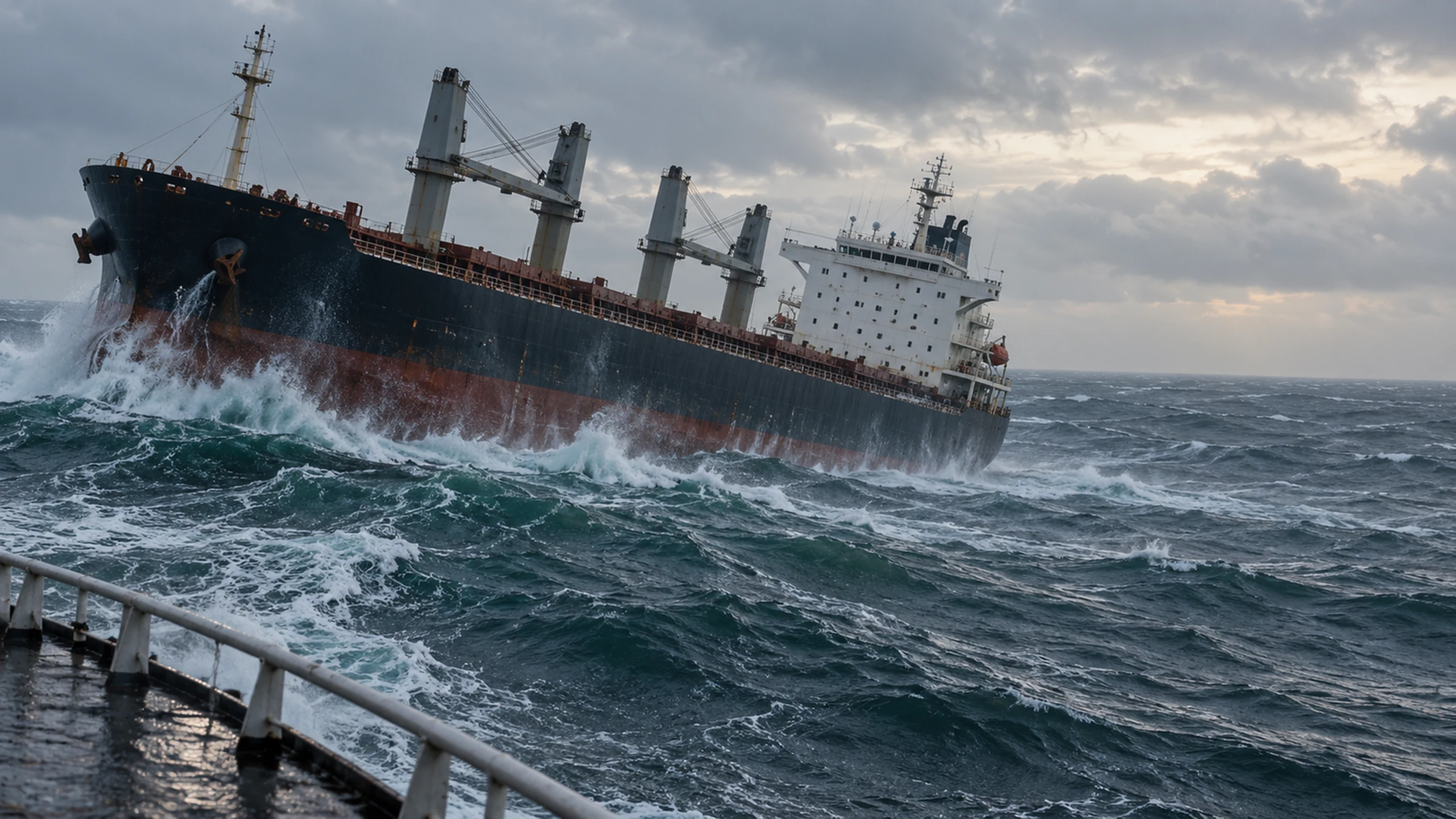Cargo vessel heeling in a heavy beam sea