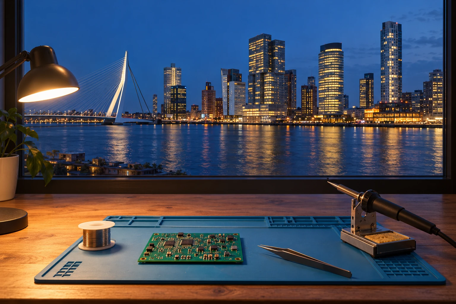 An electronics workbench at a window overlooking the Nieuwe Maas at blue hour, with the lit Rotterdam skyline and the Erasmusbrug across the water