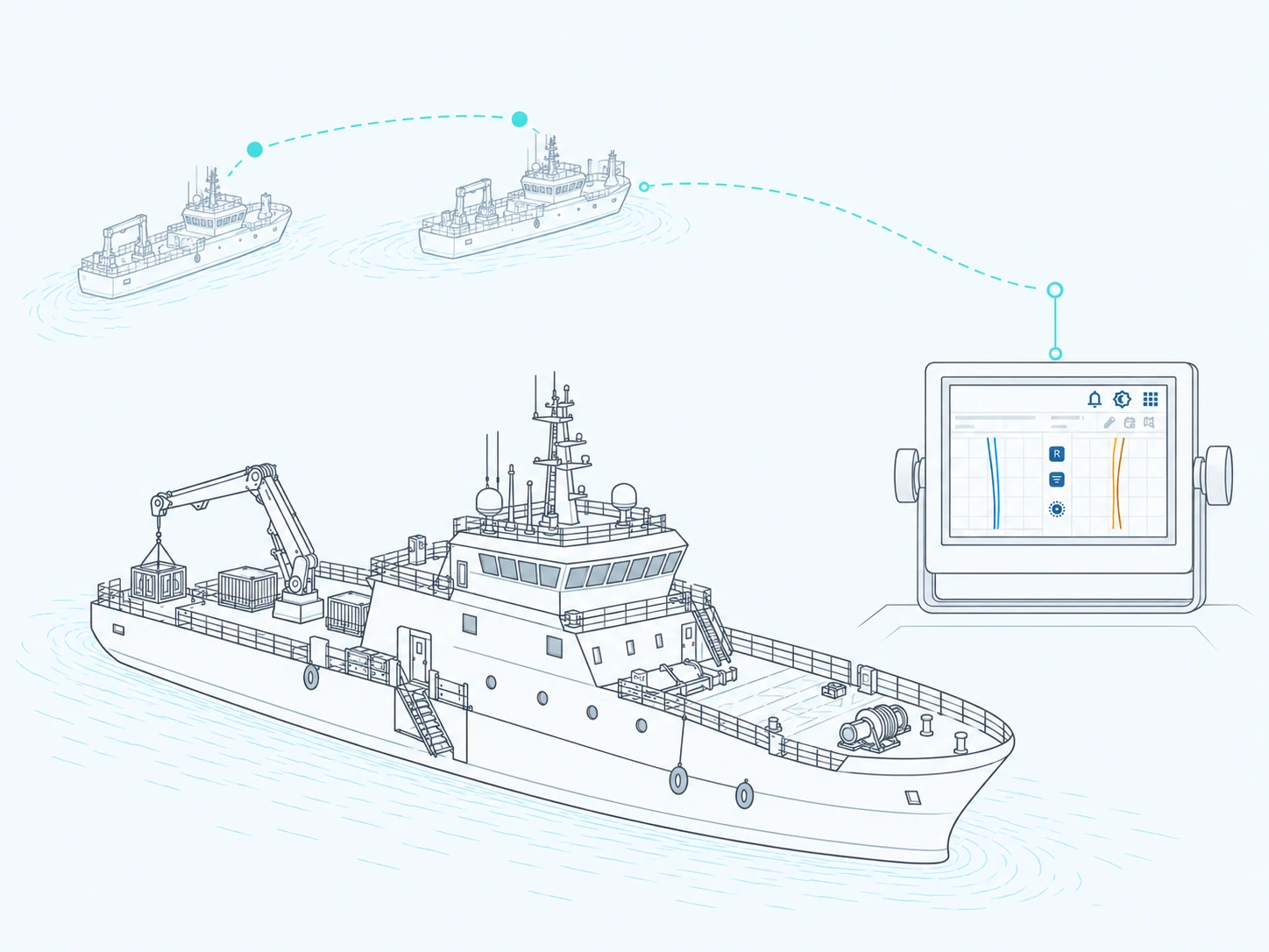 Line illustration of a vessel's heading changes being drawn on the course recorder