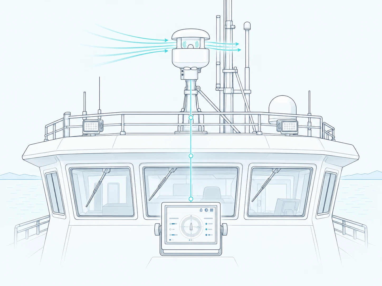 Line illustration of a research vessel carrying ultrasonic wind sensors, with the airflow drawn over her