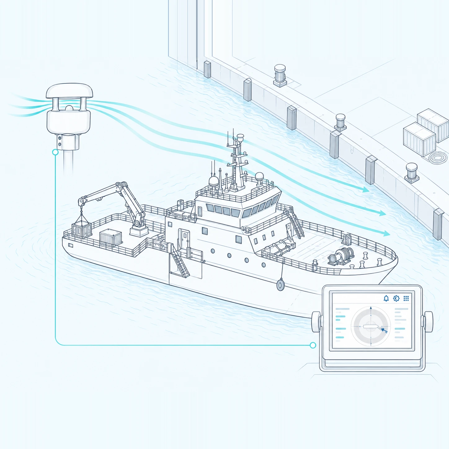 Line illustration of a vessel coming alongside a quay with the wind drawn across her