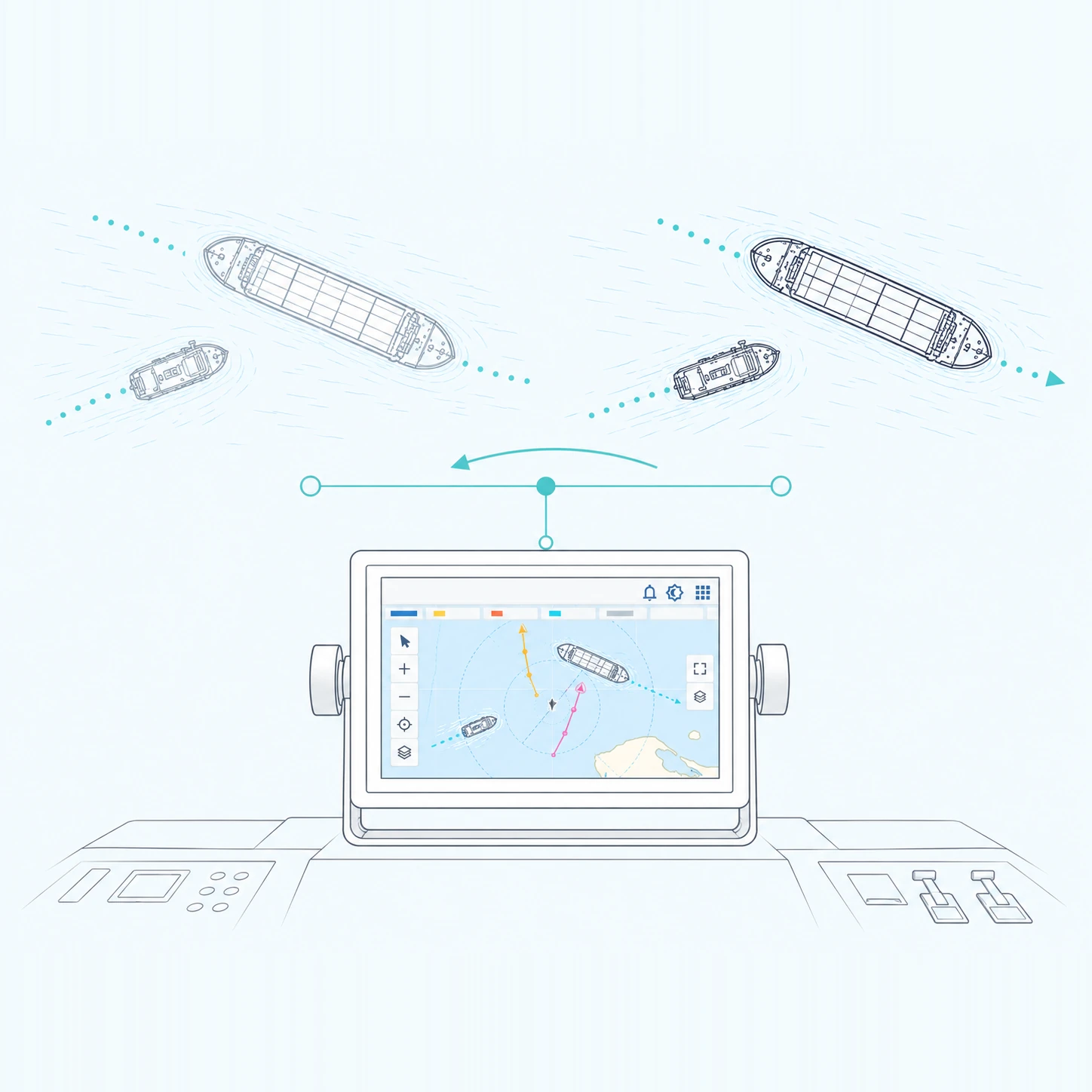 Line illustration of recorded marine traffic being replayed on the display