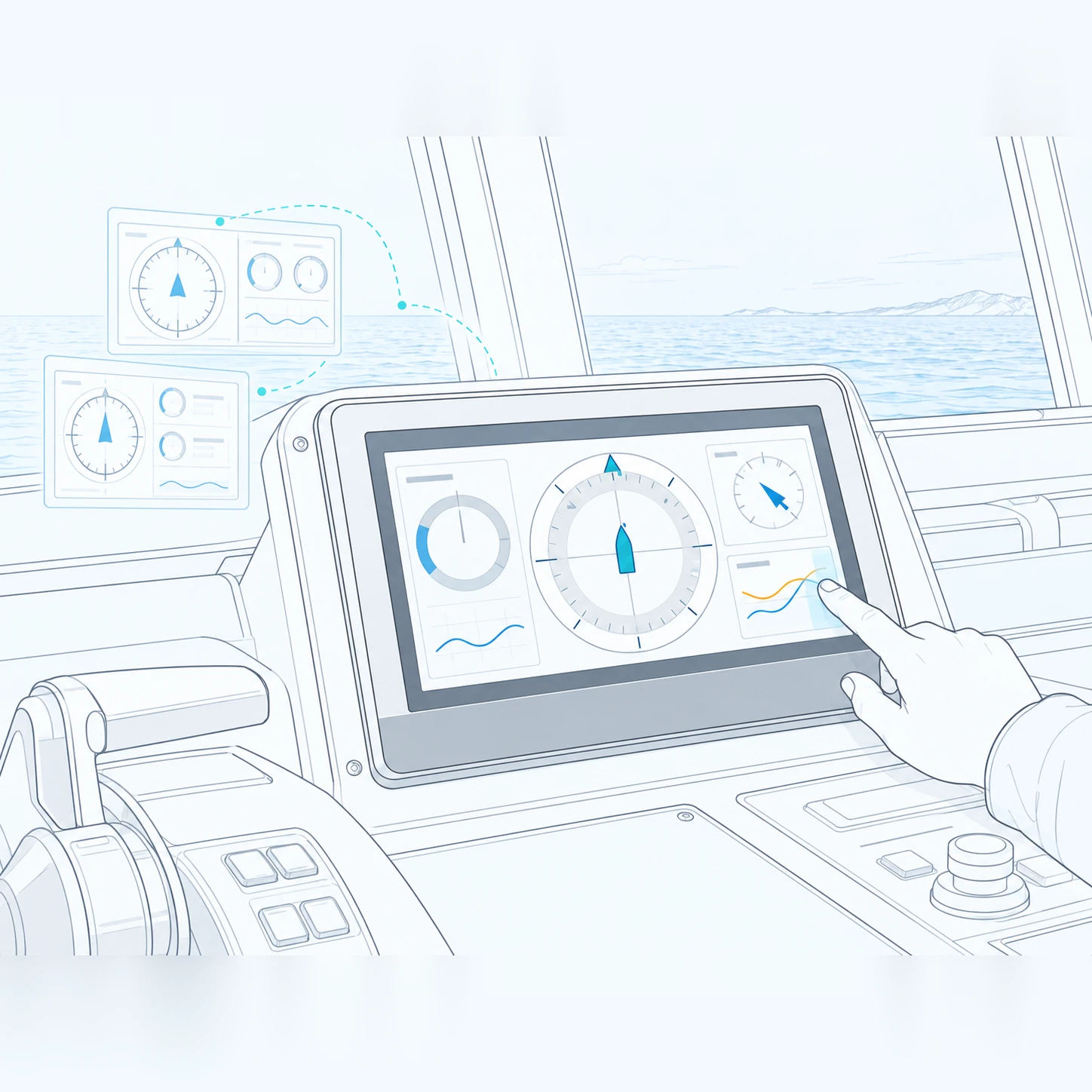 Line illustration of a NetBlink screen layout being chosen by touch